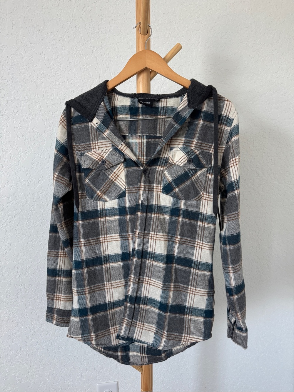 Women’s Hooded Plaid Flannel Shirt - Gray & Teal